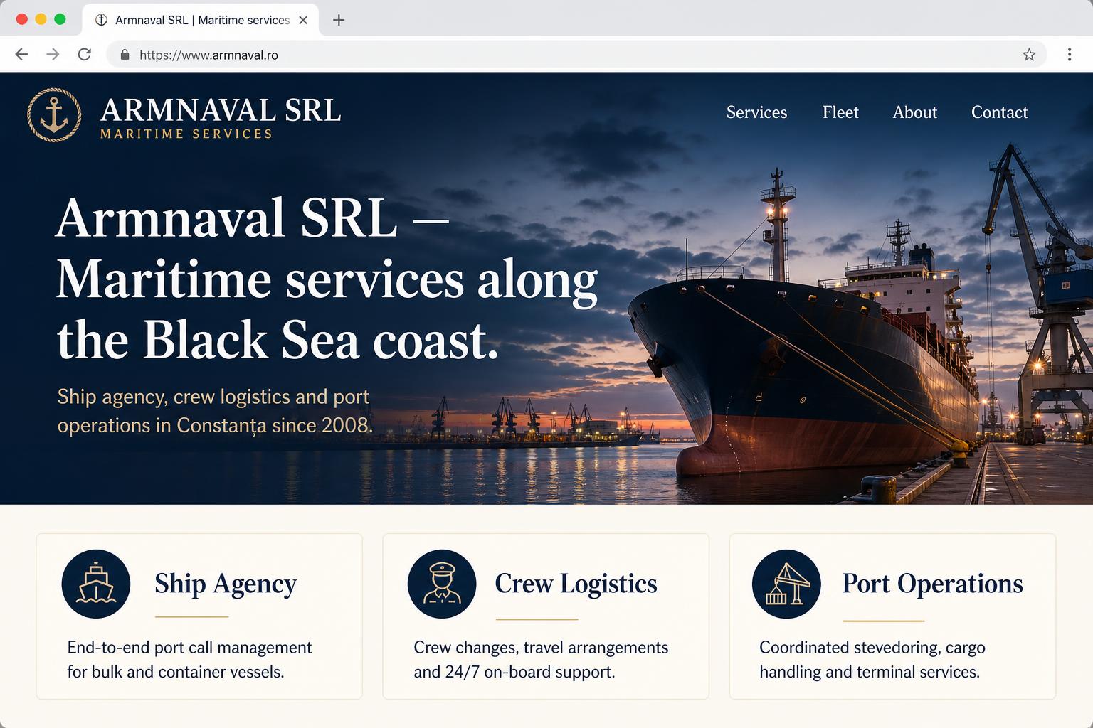 Maritime Unternehmens­website mit Service-Fokus — Armnaval SRL