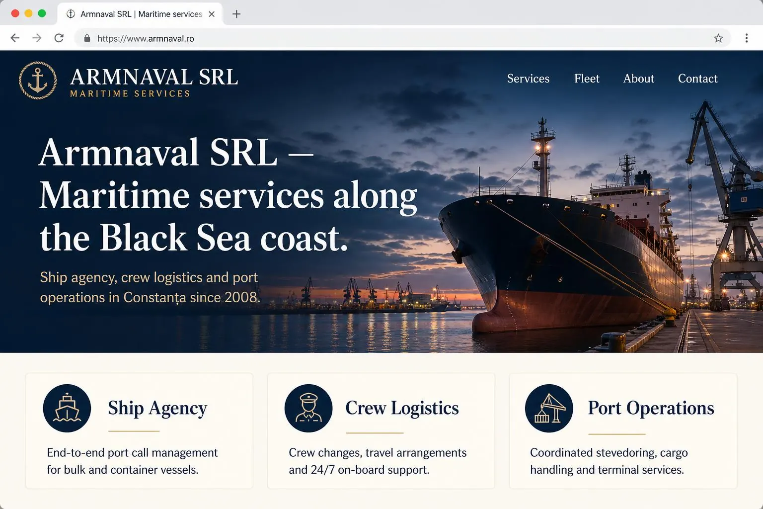 Maritime Unternehmens­website mit Service-Fokus — Armnaval SRL
