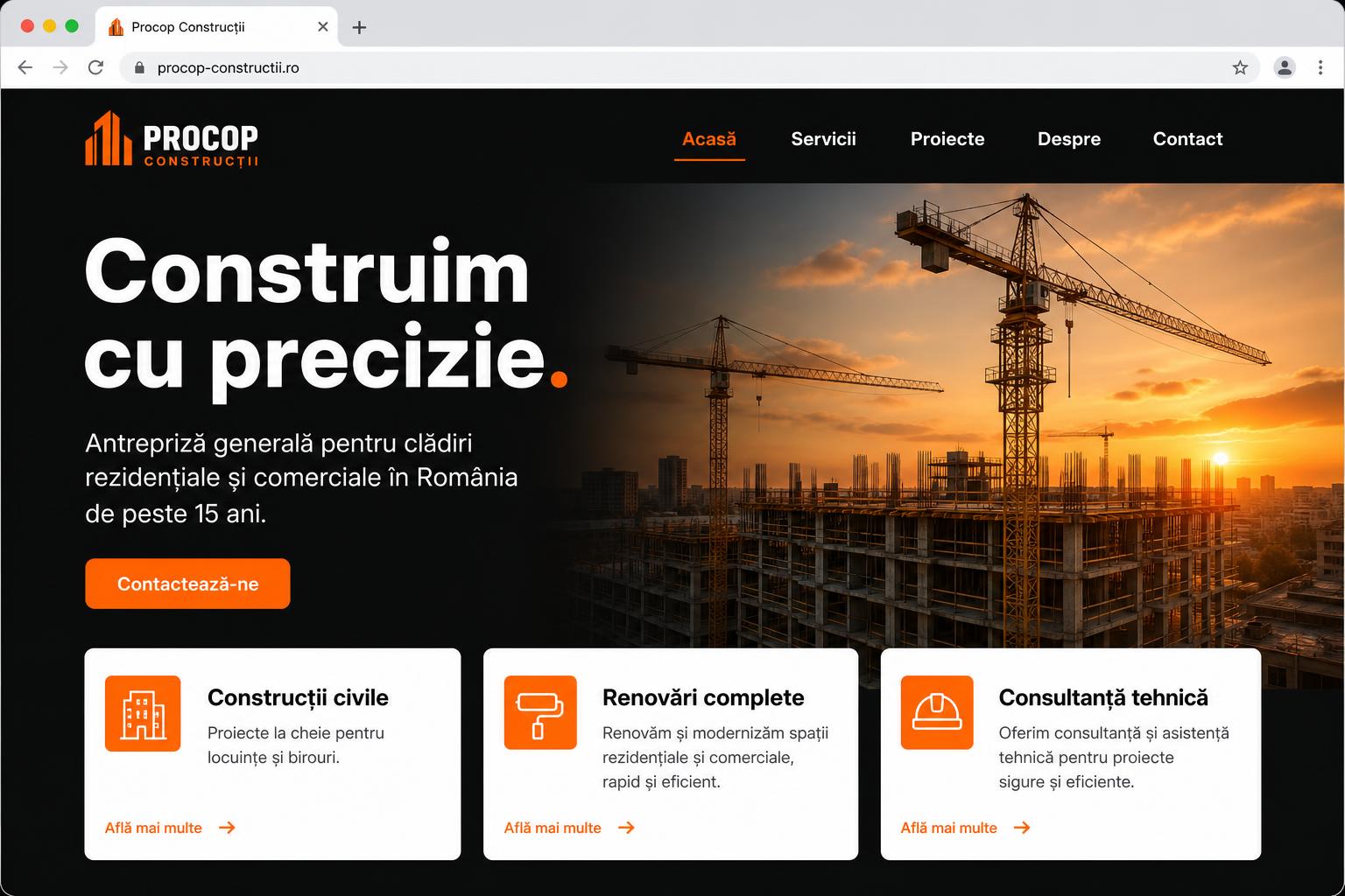 Bau-Unternehmens­seite mit klarer Leistungs­matrix — Procop Construcții