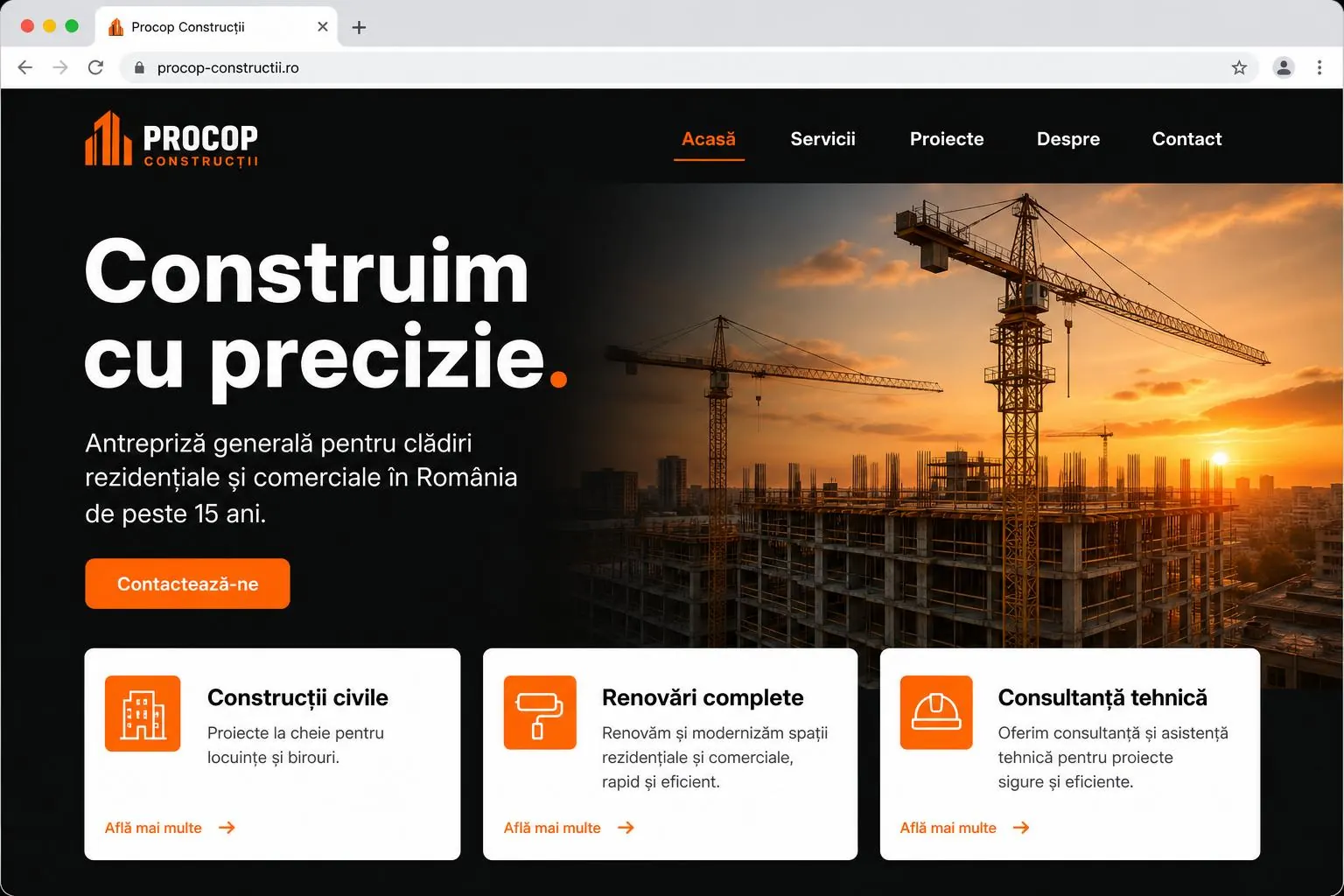 Bau-Unternehmens­seite mit klarer Leistungs­matrix — Procop Construcții