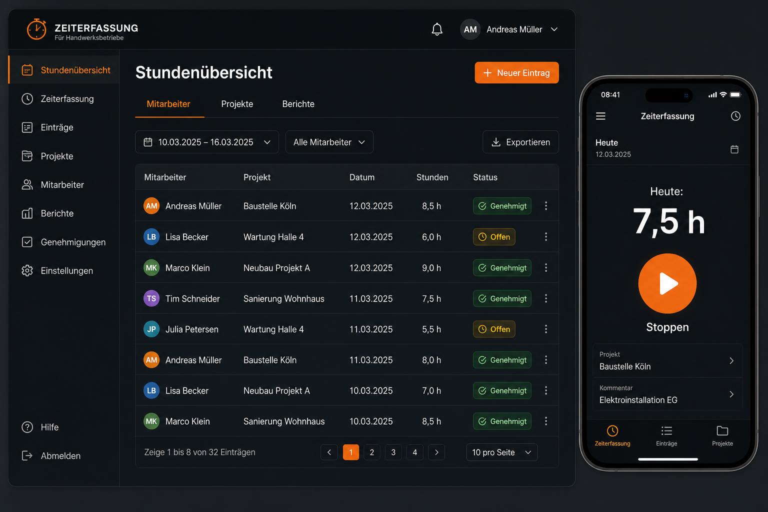 Zeit­erfassungs-App für Bau-Teams — Miky