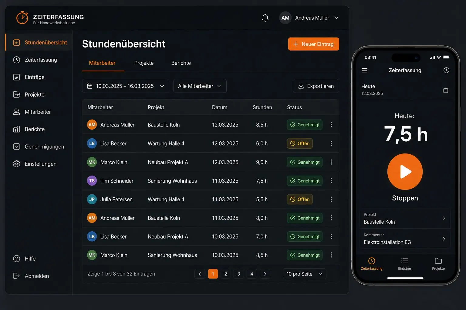 Zeit­erfassungs-App für Bau-Teams — Miky